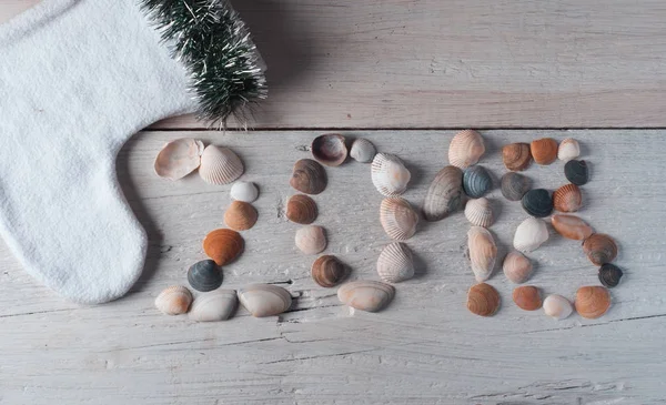 O ano novo 2018, conchas em fundo de madeira , — Fotografia de Stock