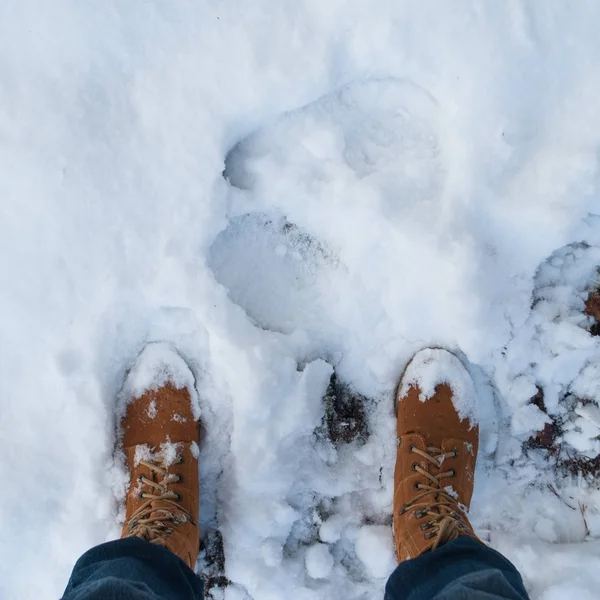 Пара ног в коричневых военных сапогах в снегу , — стоковое фото