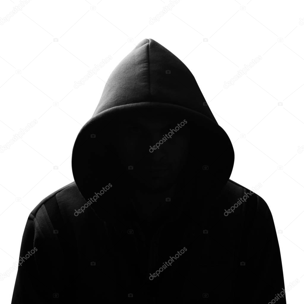 Silhouette of a hooded man or hooligan isolated on white background,