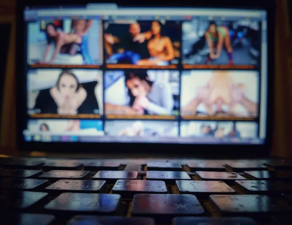 Laptop screen blurred and keyboard, Prohibited content, — Stock Photo, Image