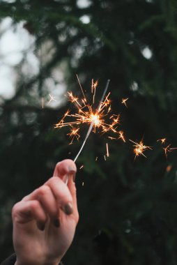 Bir kadının eli ormanda maytap tutar.,