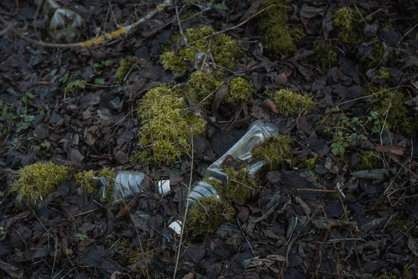 Plastic flessen in het bos begroeid met meer. Het ecologisch probleem — Stockfoto