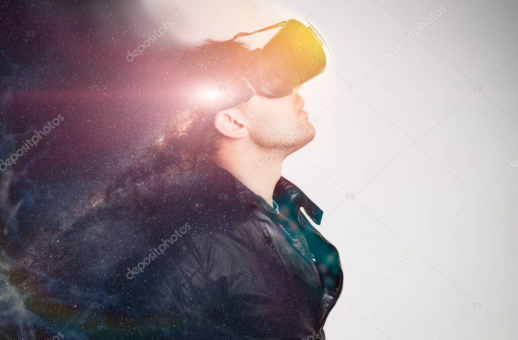 a man in a VR headset, portrait double exposure, the concept of immersion in space,