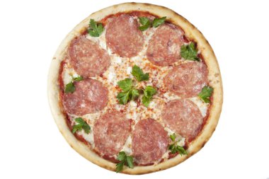 Beyaz bir arka plan üzerinde jambon pizza
