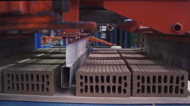 Loading vehicle is relocating blocks of grey bricks onto a manufacturing line, close up shot — Stock Video