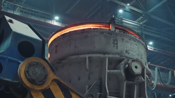 Close up of blast furnace with hot melted steel inside, glowing orange — Stock Video