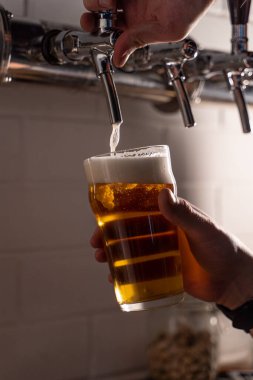 Bira musluğundan bardağa hafif altın bira döken adam, beyaz bira köpüğüyle doldur, ellerini kapat.