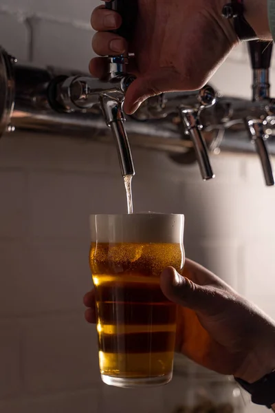 Man Gieten Licht Goud Bier Een Glas Van Een Biertap — Stockfoto