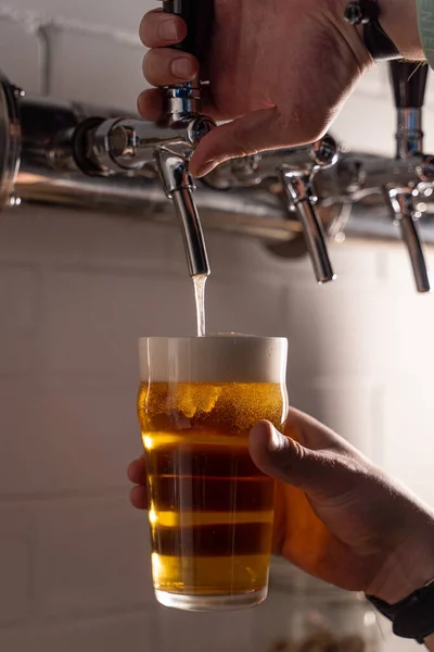 Man Gieten Licht Goud Bier Een Glas Van Een Biertap — Stockfoto