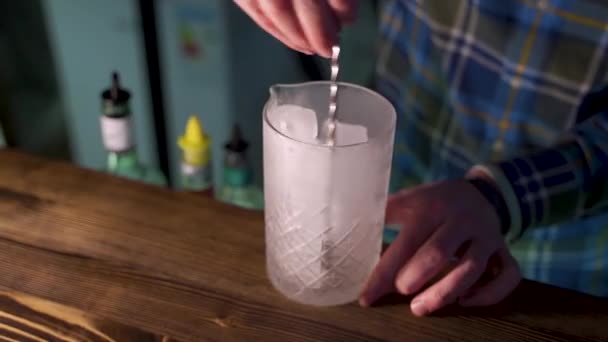 Cantinero agitando hielo en una jarra de vidrio, haciendo cóctel — Vídeo de stock