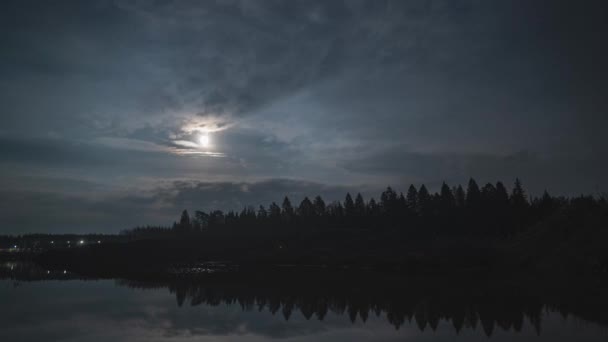 Schnelle Wolken über See und Wald in der Nacht, Zeitraffer, Tiefflug — Stockvideo