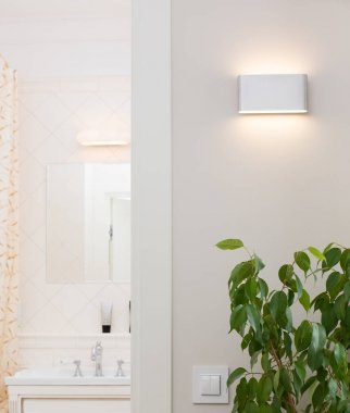 Duvar lambası şık, parlak bir iç mekan. Beyaz düğme ve süs bitkisi.