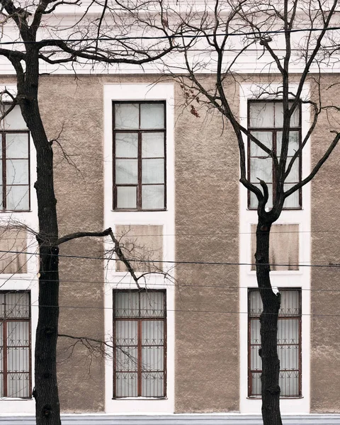 Fasaden av byggnaden med höga fönster. Träd utan löv i förgrunden — Stockfoto