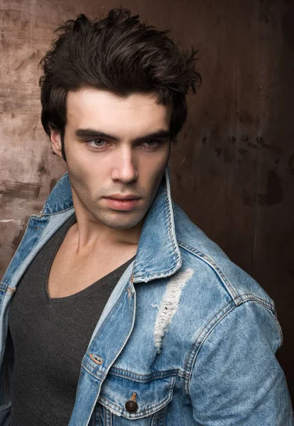 Closeup portrait of handsome young men. Stylish hairdo, blue Jean jacket — Stock Photo, Image