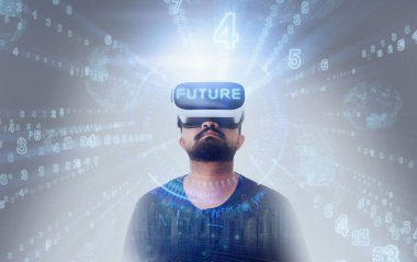 VR sanal gerçeklik gözlüklü - Word gelecek adam