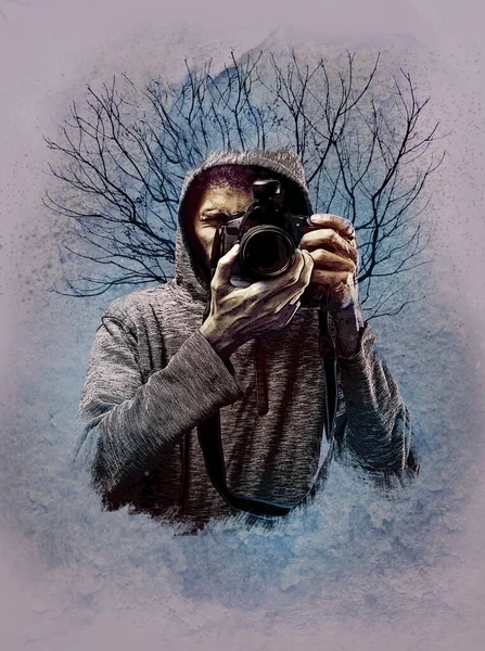 Αφηρημένο Πορτρέτο Ενός Φωτογράφου Κρατώντας Μια Φωτογραφική Μηχανή — Φωτογραφία Αρχείου