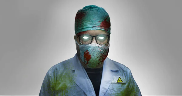 Creepy Murderous Infacted Zombie Doctor With Blood Stains In A Pandemic - Isolated