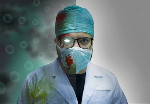 Gruseliger Mörderischer Zombie Doktor Mit Blutflecken Einer Pandemie Gut Und — Stockfoto