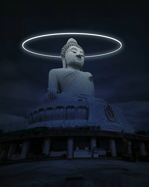 Mundo Imaginário Estátua Buda Grande Iluminada Pelo Anel Néon Estátua — Fotografia de Stock