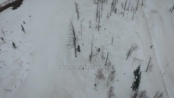 Αεροφωτογραφία του άνθρωποι σκι και το τελεφερίκ — Αρχείο Βίντεο