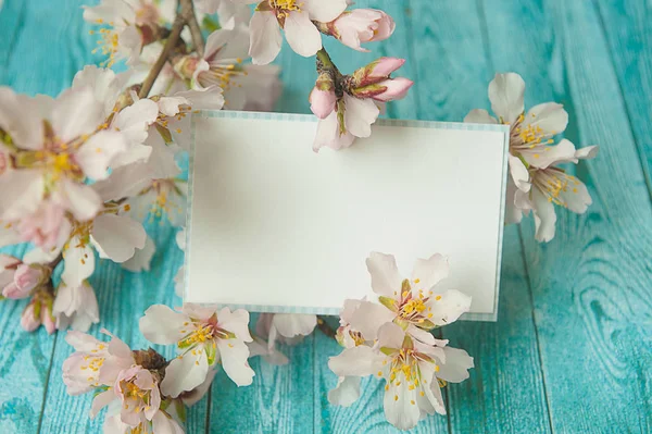 Персиковые цветы и пустая открытка на деревянном фоне . — стоковое фото