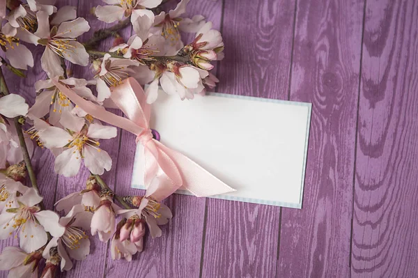 Elma çiçeği ve ahşap arka plan üzerinde metin için boş defter. Kopya alanı.