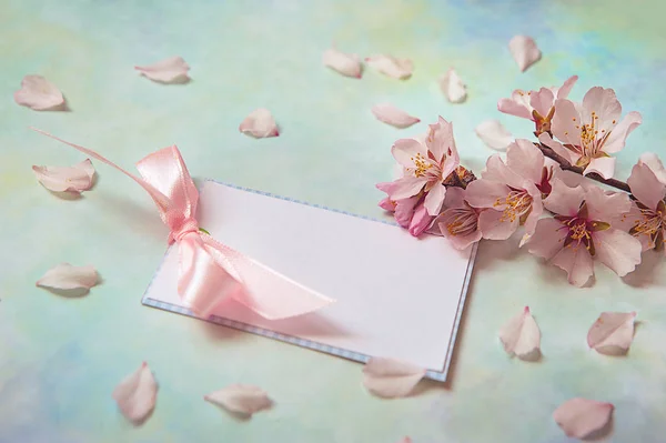 Background with fresh spring flowers and empty tag for your text on turquoise painted blue background. Selective focus in on tag. — Stock Photo, Image