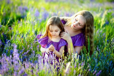 Mutlu sağlıklı aile kavramı. Genç, güzel bir kadın altın buğday alanında günbatımı güneşli yaz gününde yürürken küçük sevimli kızıyla birlikte. Ebeveynler ve çocuklar ilişki