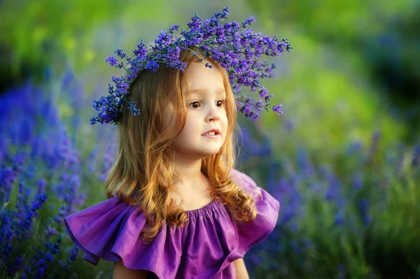 Menina no campo de lavanda. Retrato de uma menina em coroa de flores — Fotografia de Stock