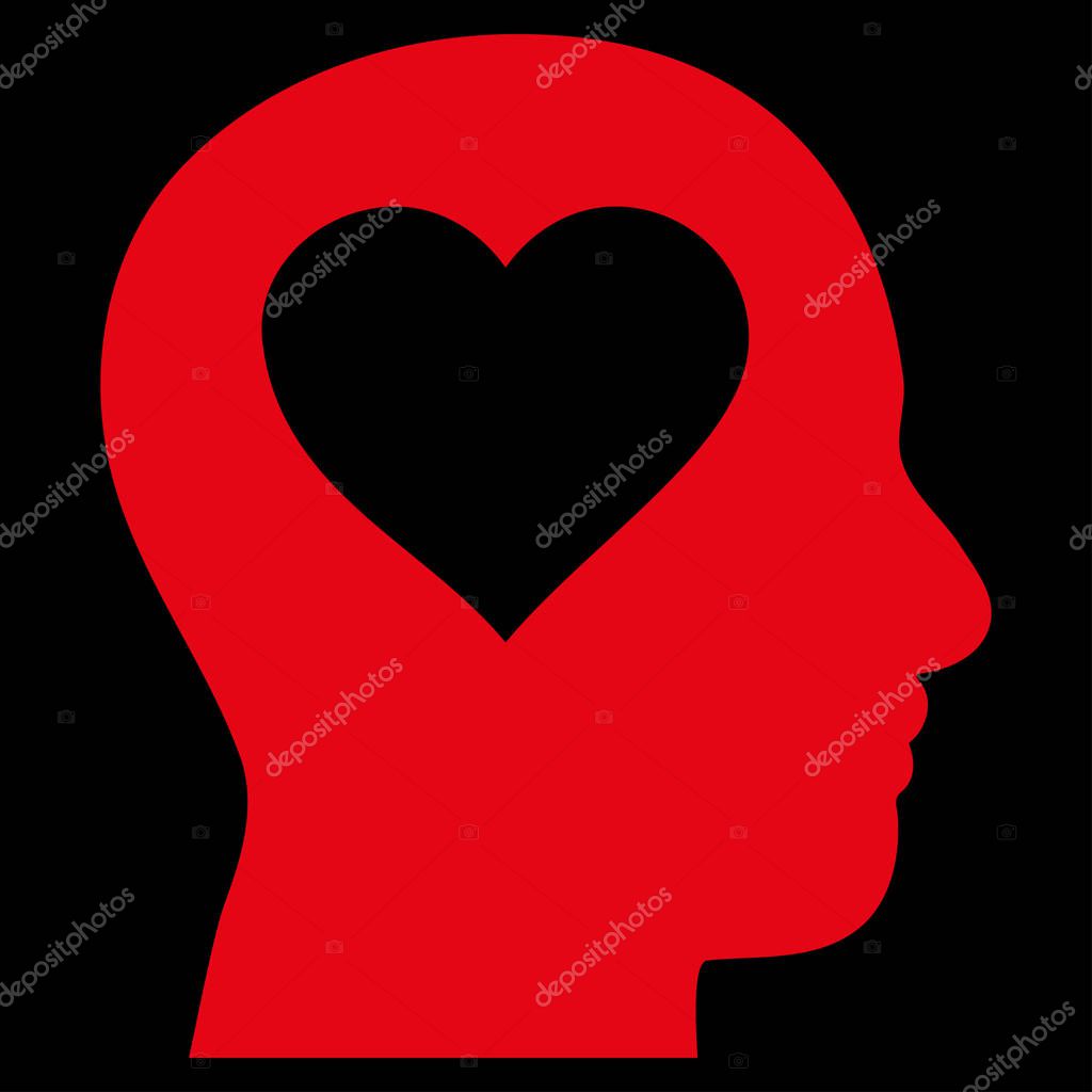 Love In Head flat icon. Vector red symbol. Pictograph is isolated on a black background. Trendy flat style illustration for web site design, logo, ads, apps, user interface.