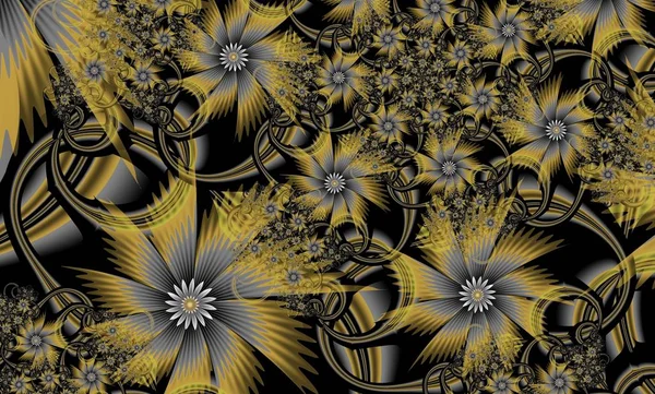 Ordinateur Généré Floral Fractal Yellow Fleurs Sur Fond Abstrait Gris Photo De Stock