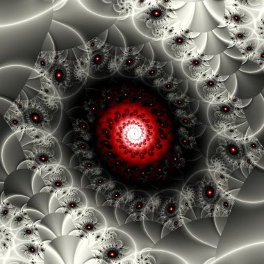 Bilgisayar 3d fraktal süsleme oluşturulan. Karanlık bir arka plan üzerinde kırmızı sarmal bükülmüş girdap.