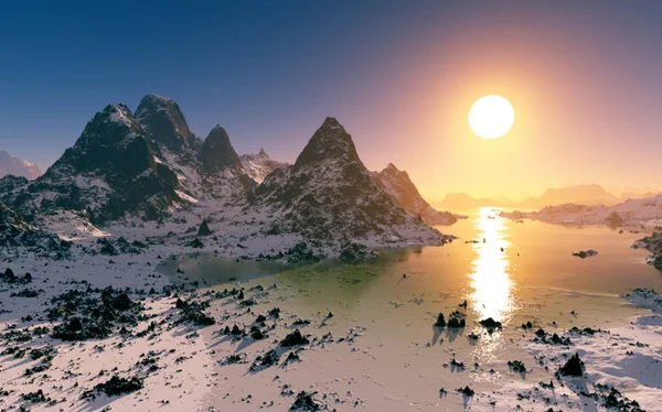 Ilustración Paisaje Montañoso Puesta Sol Fantásticamente Hermosa Con Reflejo Del —  Fotos de Stock