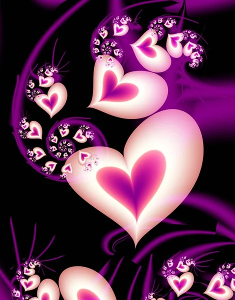 Card Valentine Day Digital Fractal Design Purple Hearts Black Background — Stock Photo, Image