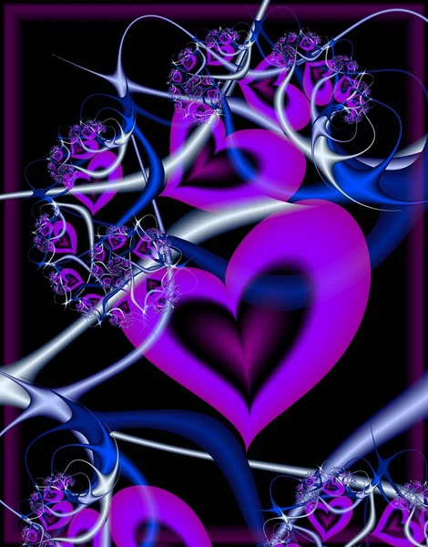 Card Valentine Day Digital Fractal Design Purple Hearts Black Background — стоковое фото