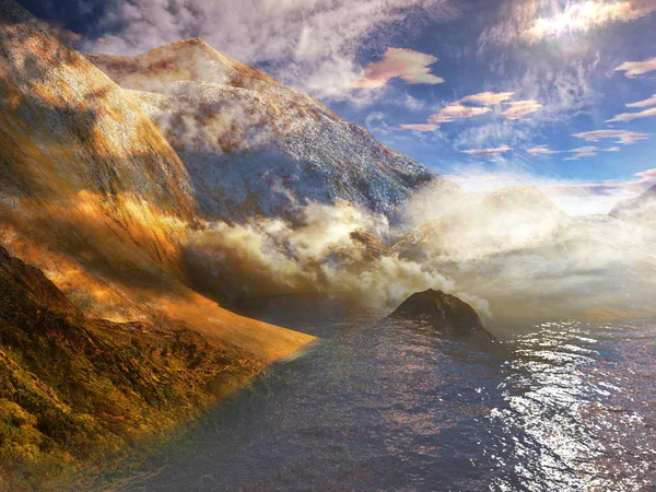 Paisaje Montaña Islandia Haze Sobre Flujo Del Río Montaña Ilustración —  Fotos de Stock