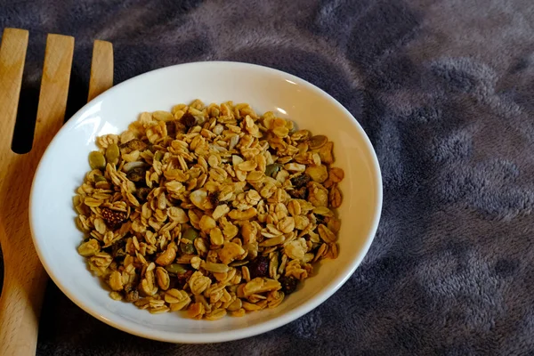Desayuno Cereales Con Avena Integral Fresa Seca Sabroso Perfecto Para — Foto de Stock