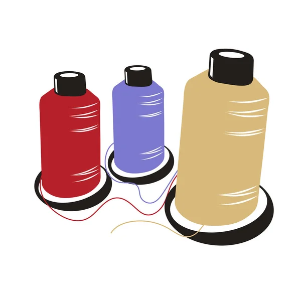 Beyaz arkaplanda izole edilmiş renkli dikiş iplikleri. Dikiş, terzilik, dikiş ve giysi tamiri için aksesuar. Vektör illüstrasyon Renkleri tasarımı.