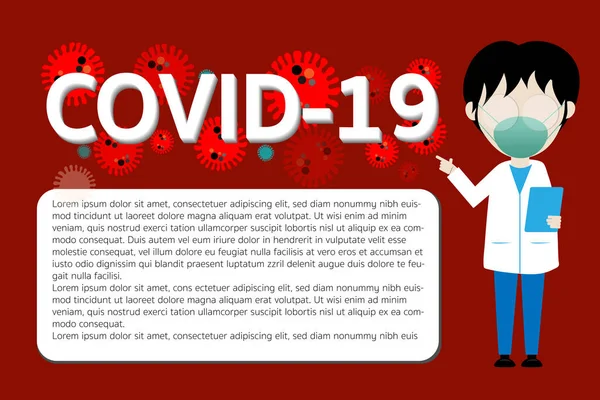 Doktor, tıbbi maske ve fotokopi maskesini takıyor. Pankart için Corona Virüs Hastalığı COVID-19 koruyucu maskesi takan bir doktor. Vektör illüstrasyon tıbbi tasarımı.