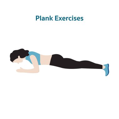 Beyaz arka planda izole edilmiş kadın karakteriyle plank ısınma egzersizleri, kapalı alanda egzersiz ve spor egzersizleri konsepti, düz vektör illüstrasyon tasarımı,