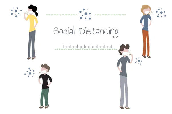 Beyaz arka planda izole edilmiş karakter ile sosyal uzaklık, Coronavirus COVID-19konsept, bilgi grafikleri ve afişler için, düz vektör çizim tasarımı,