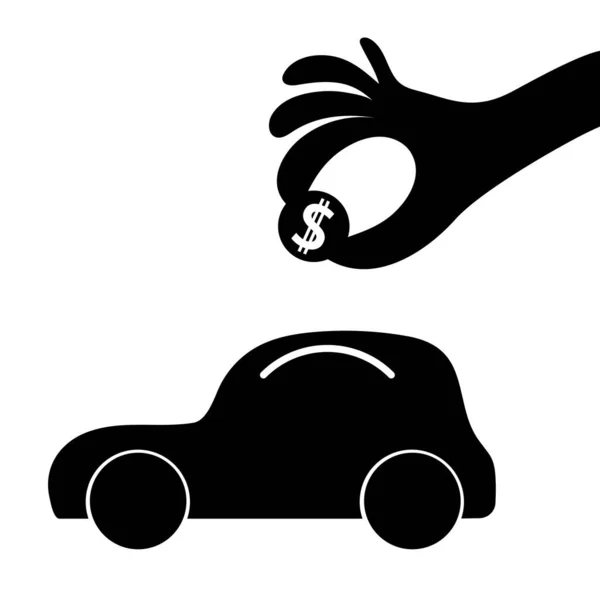 Araba bankasında ve parayla el ele. Siyah simge beyaz arkaplanda izole edildi. Para biriktirmek ve biriktirmek. Düz vektör illüstrasyon tasarımı.