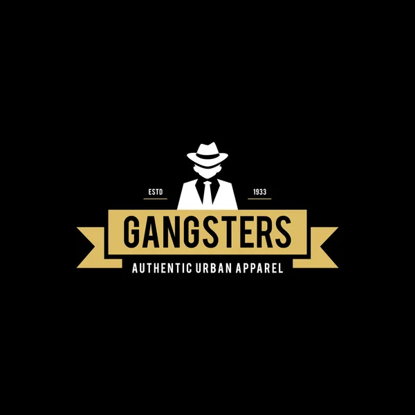 Retro badge Gangsters en maffia. Man in zwart pak. Vectorillustratie — Stockvector