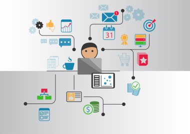 Dijital ev ofis kavram olarak vektör çizim. Karikatür kişi önünde internet üzerinden evden çalışma not defteri