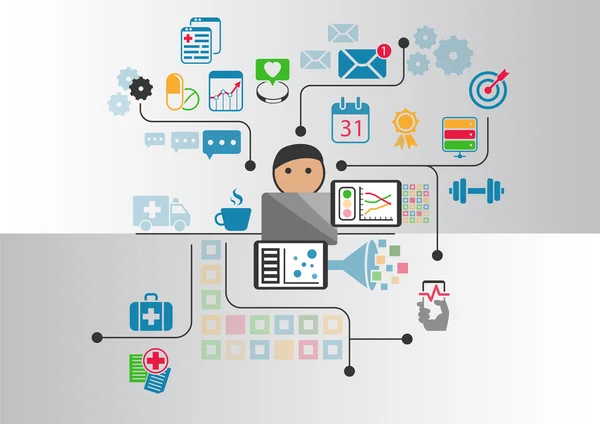 Digitales E-Health-Konzept als Vektor-Illustration. Cartoon-Person mit Online-Arzt und Krankenhaus verbunden — Stockvektor