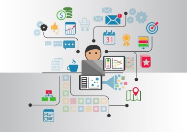 Büyük veri, analytics ve iş zekası kavramı. Bağlı veri ve bilgi karikatür kişi internetten alınmasını 