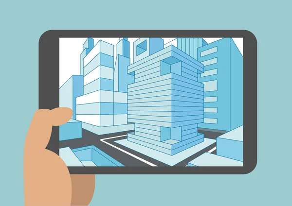 Vector illustration of hand holding modern tablet or smart phone with 3D view of a city displayed on touch screen — Stock vektor