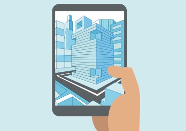 Modern tablet veya 3d dokunmatik ekranda görüntülenen bir şehir manzarasına sahip akıllı telefon tutan el vektör çizim
