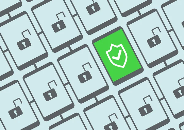 Illustration vectorielle de concept de sécurité mobile avec plusieurs téléphones intelligents sécurisés et non sécurisés — Image vectorielle