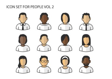 Farklı vektör simgeleri / simgeleri avatar başkanları ve erkekler ve kadınlar için çeşitli cilt renkleri ile karşı karşıya